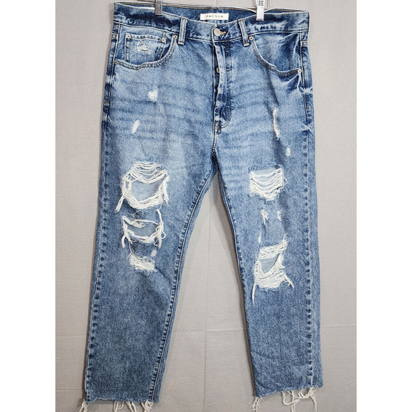 PacSun Jeans Men's Vintage Loose Crop Distressed Blue Denim Raw Hem Fringe Sz 34 - Picture 1 of 7